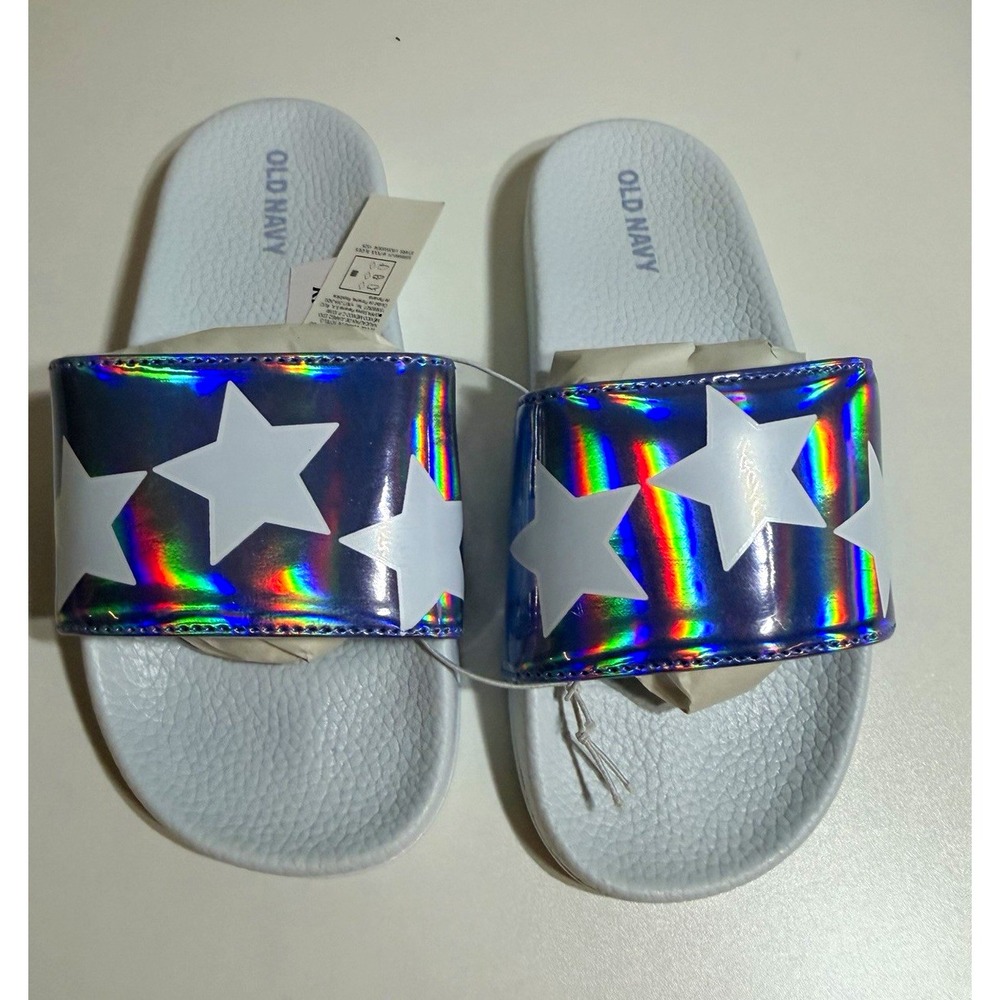 Old Navy Girls Holographic Star Print Slide Sandals White/Multicolor Size 1/2Y